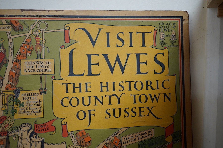 A 1930's ‘Visit Lewes, The Historic County Town of Sussex’ poster, 79cm high. Condition - fair